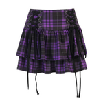 Dark Gothic Double-layer Lace-up Eyelet Check Skirt